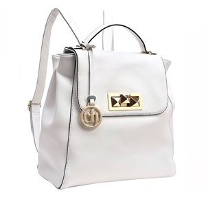 White Genuine Leather Logo Backpack